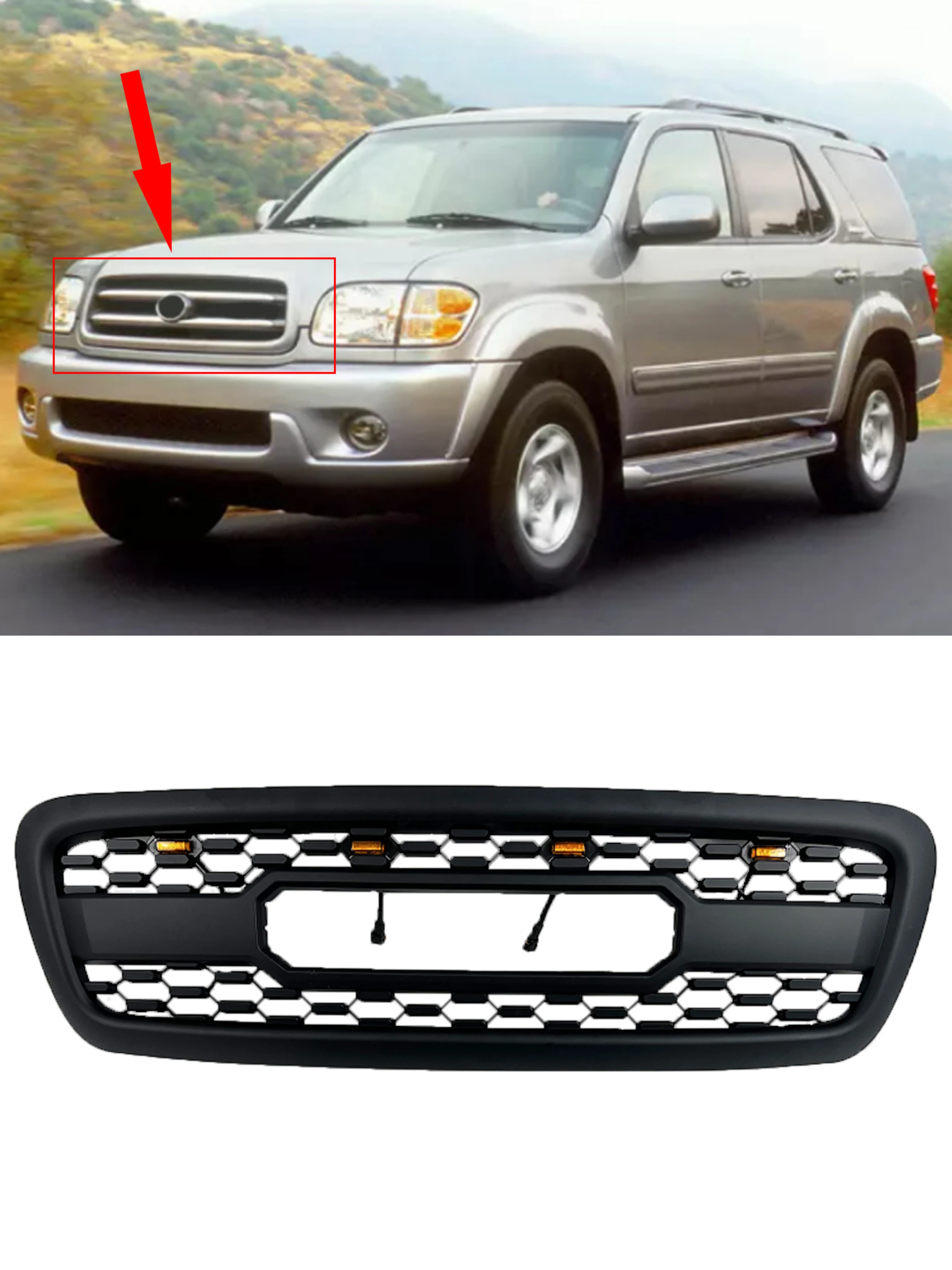 

Front Grille For 2001-2004 Toyota Sequoia Front Bumper Grille Guard Grille Cover Matte black With 4 LED lights and letters