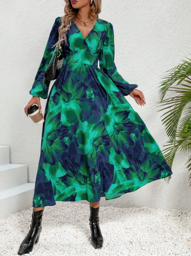 Модное зеленое платье макси с v-образным вырезом и длинными рукавами женское