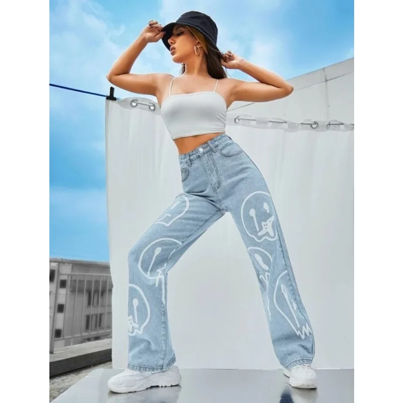 American Punk Women's Straight Fit Slim Washed Print Denim Pants Hot Girl Shows Thin Retro High Waist Casual Cotton Ladies Jeans