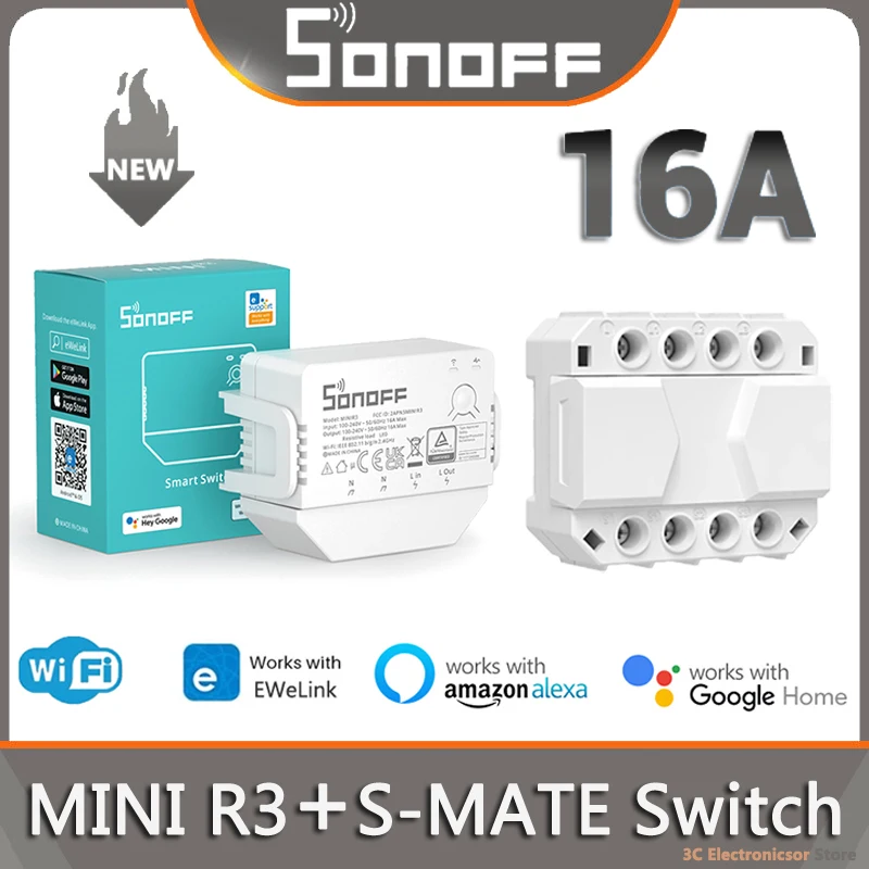 SONOFF MINI R3 16A Wifi Smart Switch REST API No Neutral Line S-MATE eWeLink-Remote Control via eWeLink Alexa Alice Google Home