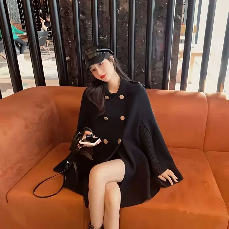 Женское шерстяное пончо элегантное двубортное пальто-плащ уличная одежда