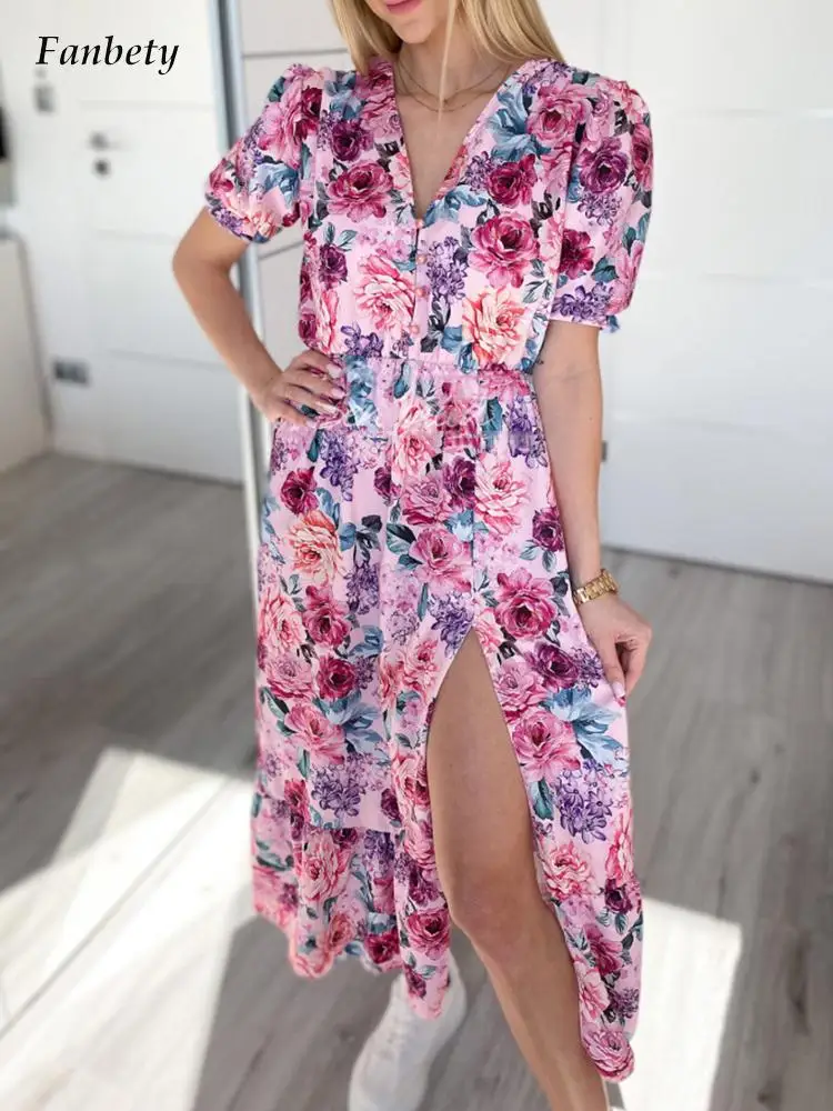 

Sexy Deep V Neck Slit Midi Dress Elegant Floral Printed Waist Slim Women Dress 2022 Summer Casual Short Sleeve Beach Party Dress