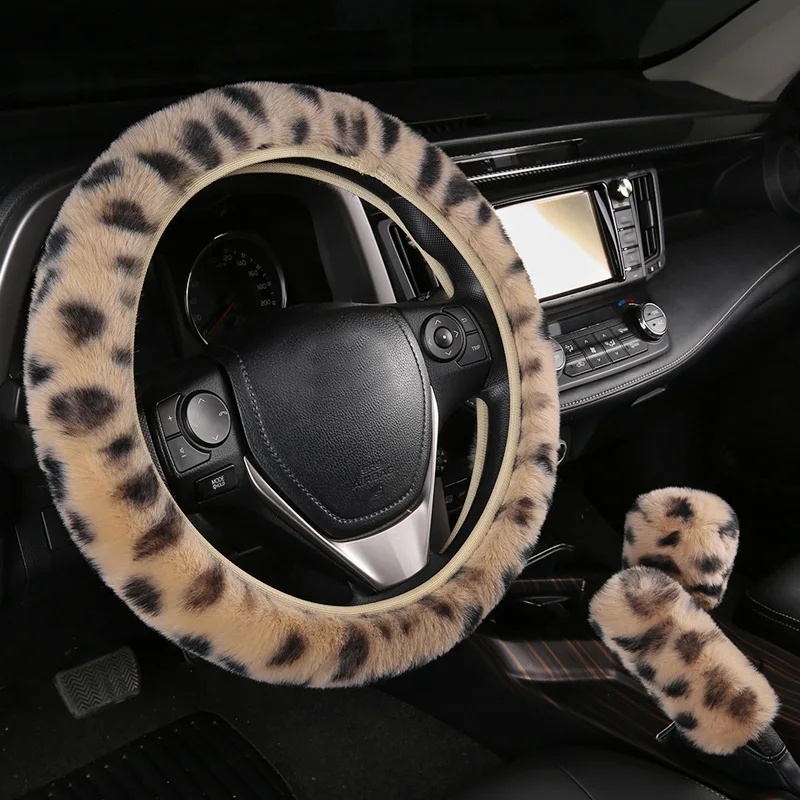Universal Car Steering Wheel Cover 38CM Set Leopard Print Plush Elastic Handbrake Overlay Decoration Auto Accessories Interior