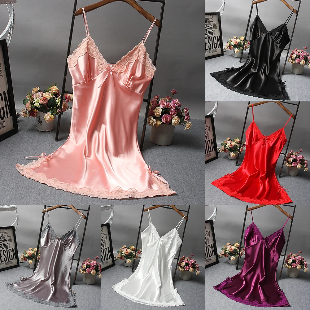 Сексуальная женская атласная мягкая ночная рубашка кружевное нижнее белье с