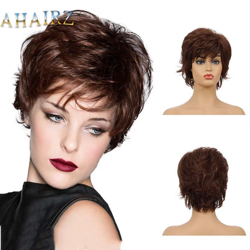 

Short Pixie Cut Wig Dark BrownSynthetic Wigs with Side Bang Dark Roots Ombre Wig for Women Natural Wave Hair