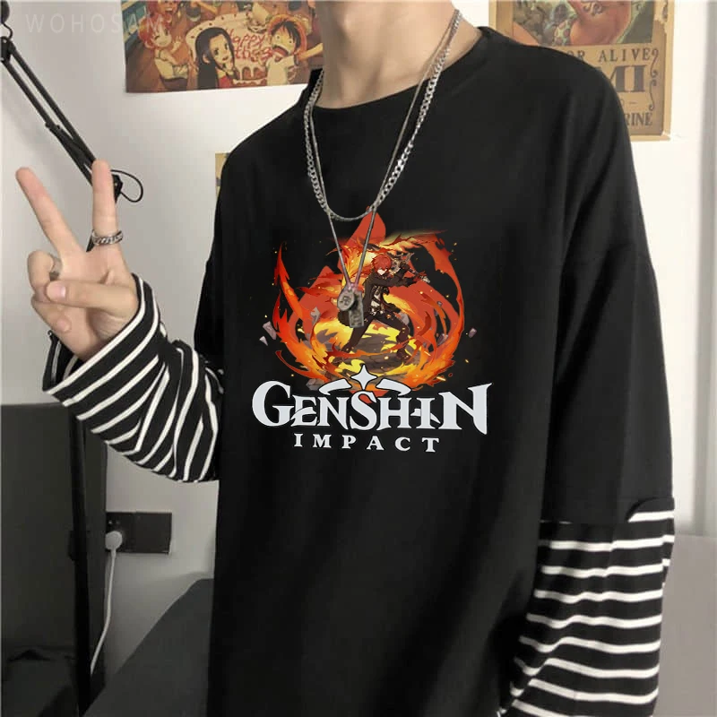 

Funny Anime Adventure Game Genshin Impact Cool Diluc Ragnvindr Stripes T-Shirt Fashion Summer Casual Women Long Sleeve T Shirt