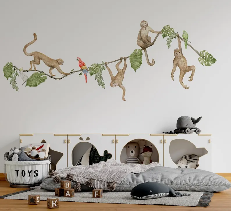 

Safari Wall Decal Big Set, savanna Wall decal for kids, safari nursery decor, monkey wall decal, parrot stickers, nursery decal
