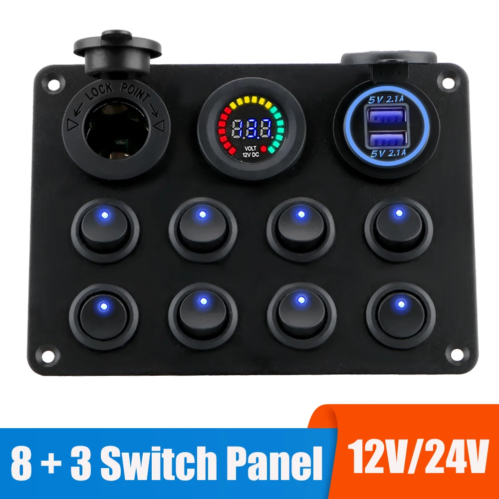 

24V 12V 8 Button Switch Panel Light Toggle USB Charger Adapter LED Volt Test Car Accessories Boat Marine Truck Trailer Caravan