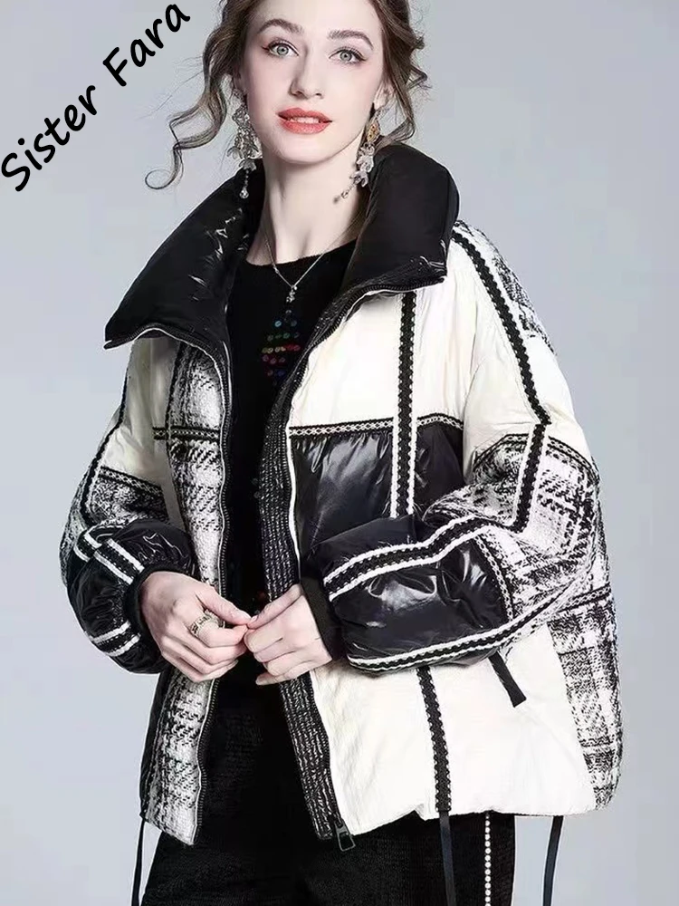 

Женская зимняя парка в клетку, с воротником-стойкой