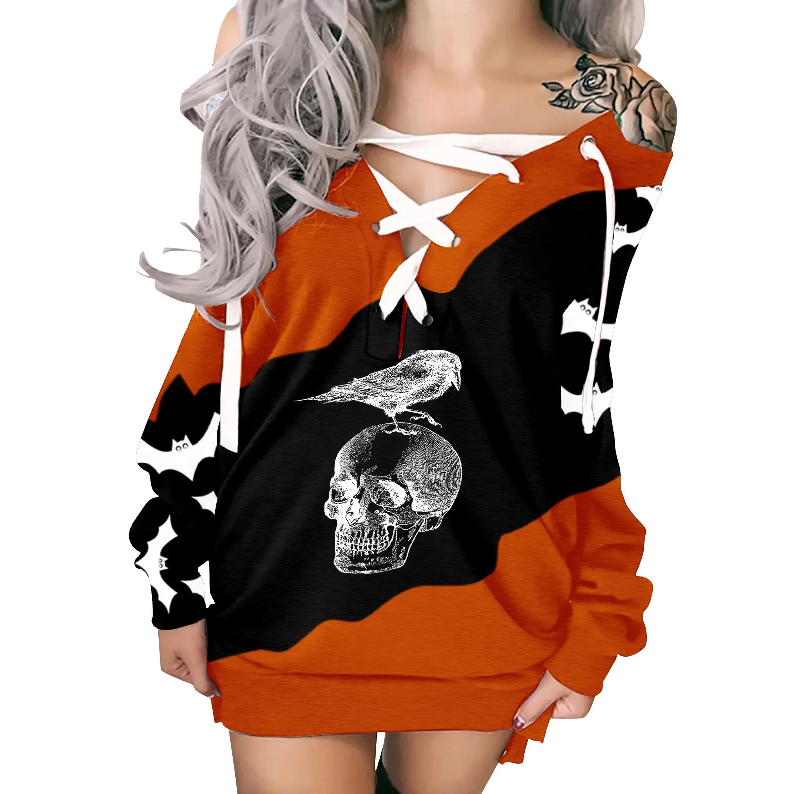 

Женское платье на Хэллоуин с открытыми плечами, на шнуровке, с длинным рукавом и принтом, модная повседневная сексуальная облегающая юбка, ж...