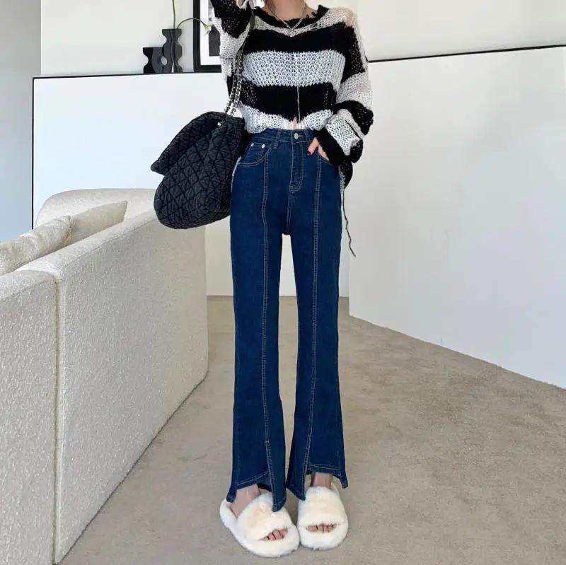 N2698  Slit jeans women's spring new high-waisted slim Irregular welt wide-leg pants dark trousers jeans