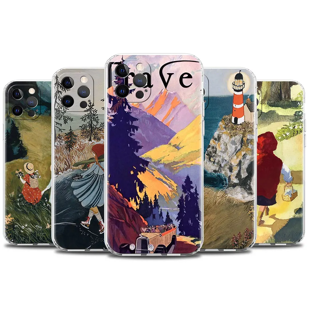 

Phone Funda Case for Apple iPhone 11 12 13 Pro Max X 7 8 Plus 13Mini XR Waterproof Silicone XS Soft Cover Cartoon Scenery Girl