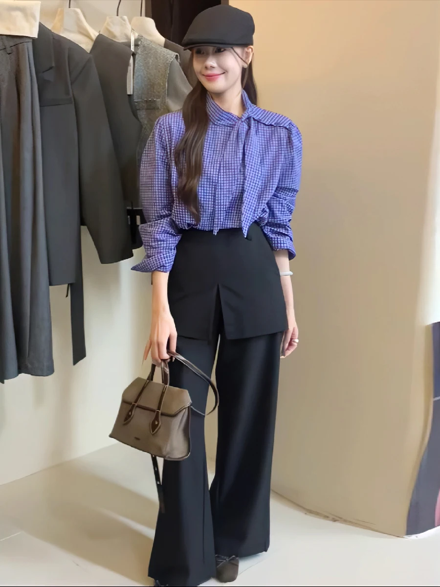 Корейские рубашки с длинными рукавами в стиле ретро заячьими ушками синие