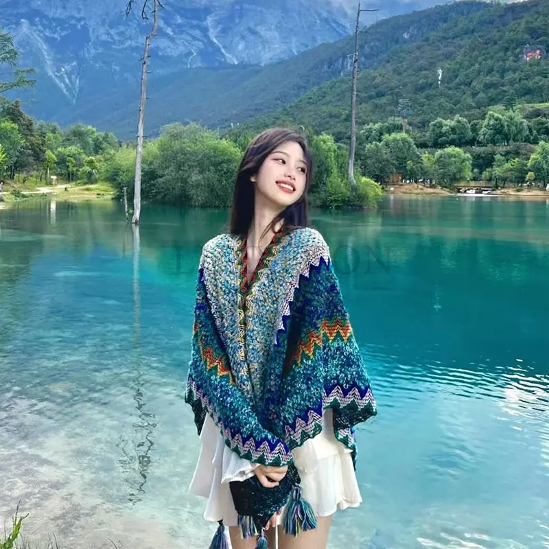 Винтажные вязаные одеяла в стиле Харадзюку шали шарфы женская теплая шаль