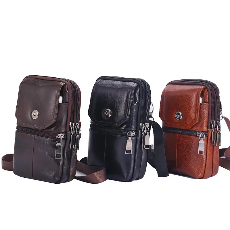 

Fashion Men's Messenger Bag Cowhide Leather Bag Mobile Phone Shoulder Bag Small Travel Waist Bag Multi-Pockets Male Chest Bag
