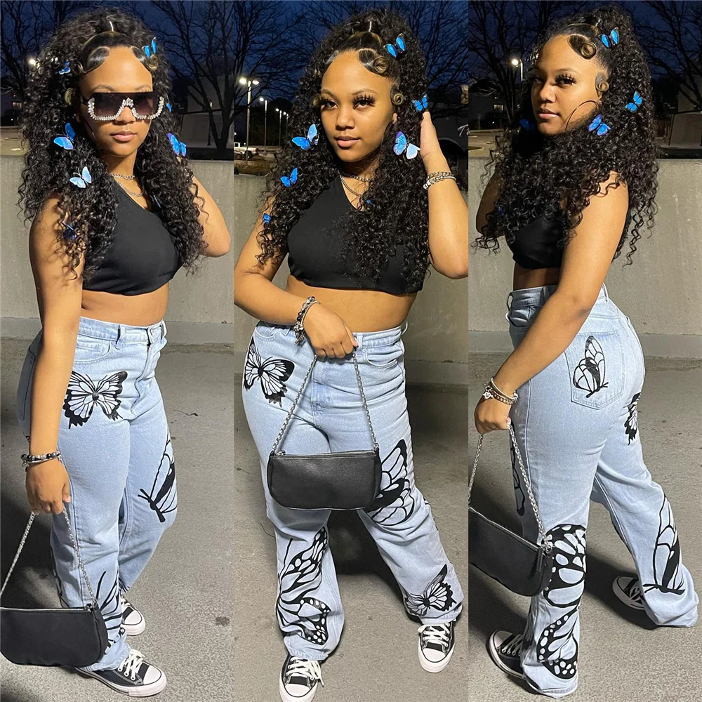 

Женские джинсы с завышенной талией Y2k, уличные брюки-карго в готическом стиле, весенние сексуальные джинсовые брюки с принтом бабочки, прямые джинсы, 2022