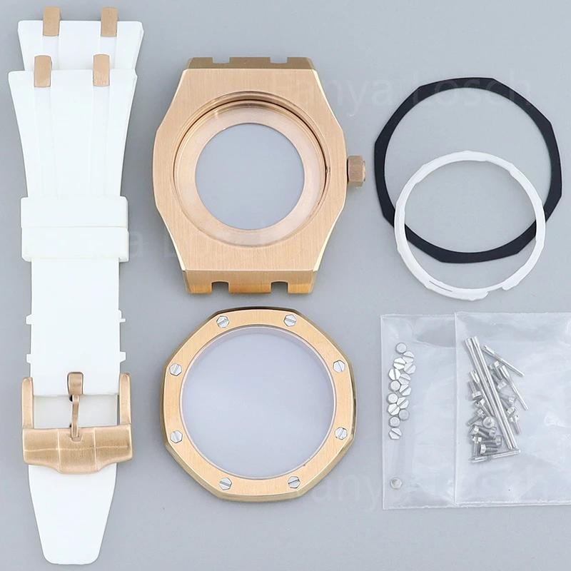 Часы из розового золота 41 мм восьмиугольные резиновые браслеты сапфировые