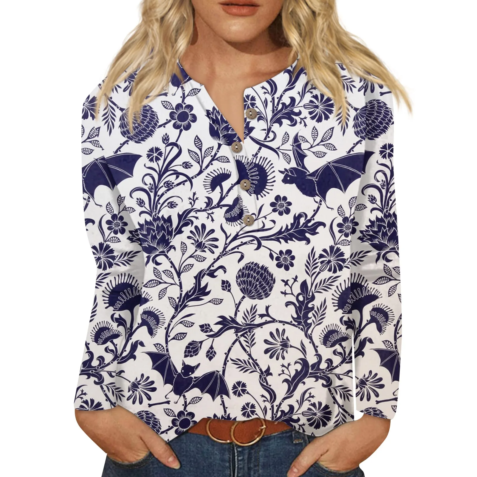 

Blouse Women Slim Halloween Pattern Printed V Neck Long Sleeve With Button Fashionable Fashion Ladies Party Blouse Camisetas
