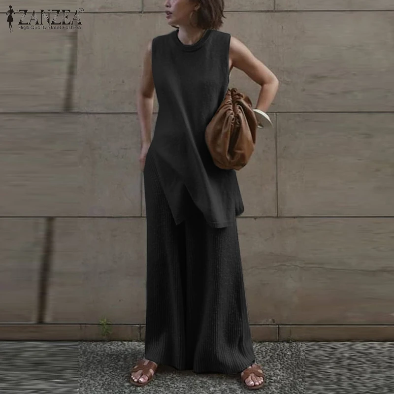 

Solid Sleeveless Matching Sets ZANZEA Vintage Loose Wide Leg Pant Sets Women Casual 2022 Spring Lace Up Retro OL Suits Femininas