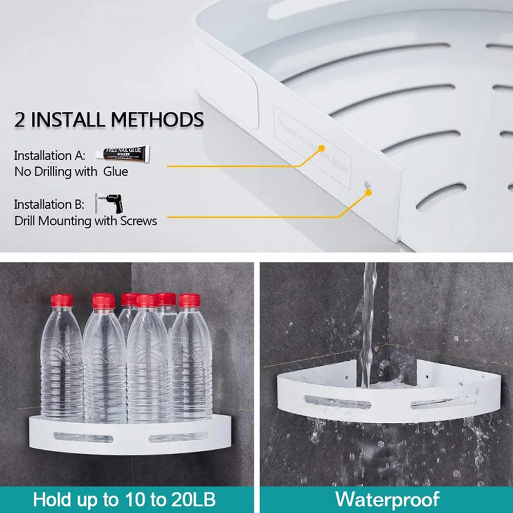 Ванная душевая корзина угловая полка из алюминия с 4 крючками, органайзер для хранения в кухне и туалете, клей, без сверления полок на.