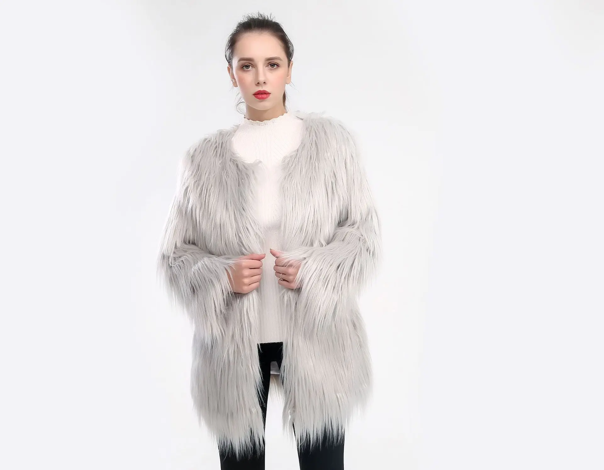 Women's Leather Fur Coat Long Wool Faux Fur Coat Washed Wool Long Jacket Faux Fur Coat