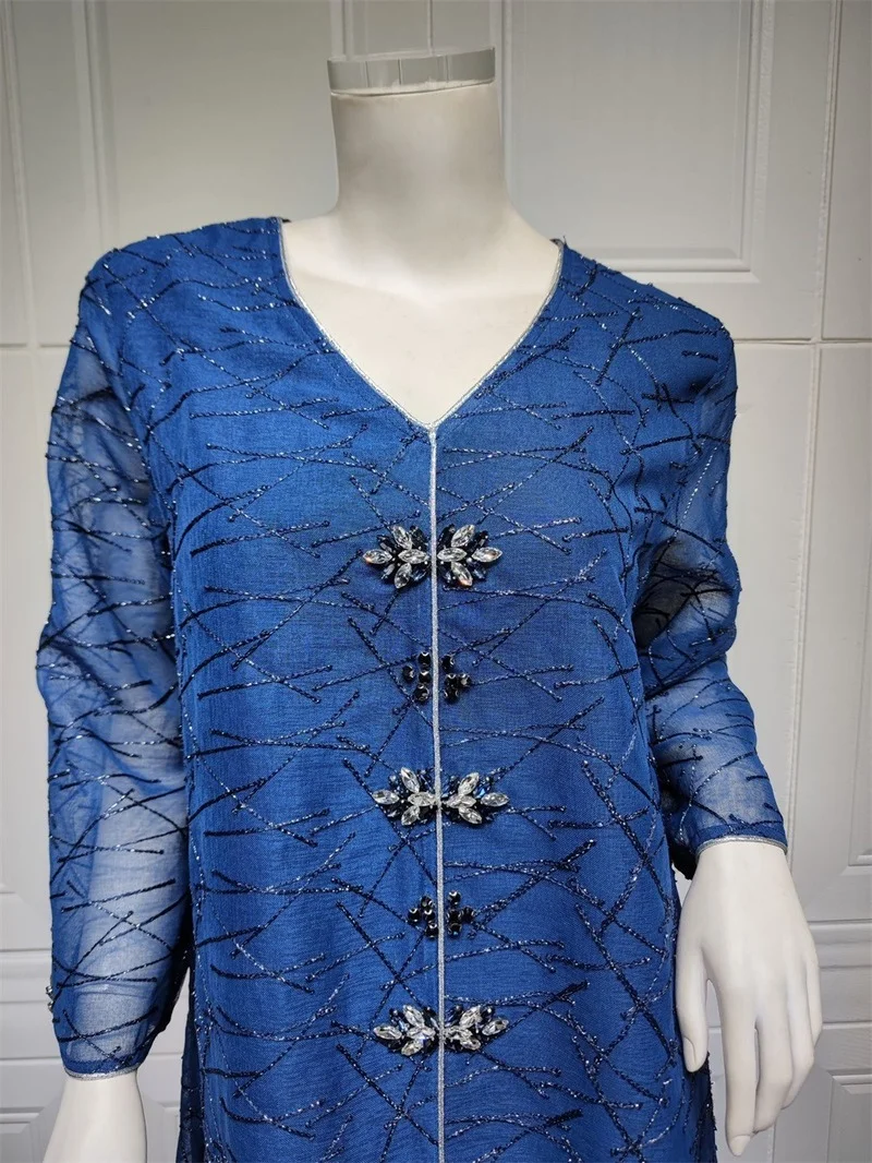 Dresses For Women 2022 V-Neck Long Sleeve Mesh Rhinestone Beaded Belted Morrocan Kaftan Dress Muslim Clothing For All Season