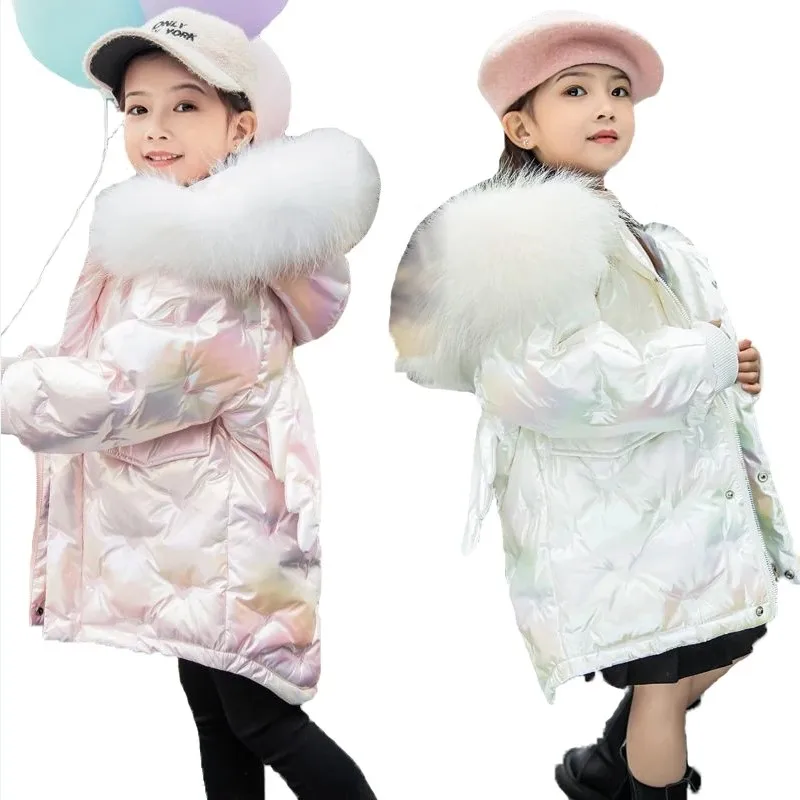 

Girls Shiny Warm Fur Collar Hooded Jackets Winter Parka Children Kids Teenage Long Cotton Outerwear Outdoor Snowsuit Clothes New