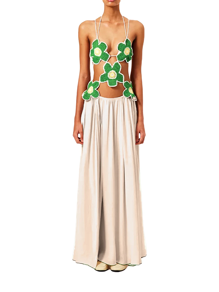 

Женское длинное платье в богемном стиле, летнее пляжное приталенное вязаное крючком платье без рукавов с цветочным узором, элегантное ажурное пляжное платье