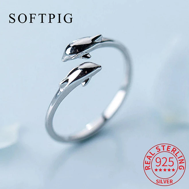 

SOFTPIG Real 925 Sterling Silver Dolphin Opening Ring For Fashion Women Party Cute Fine Jewelry Minimalist Animal Accessories