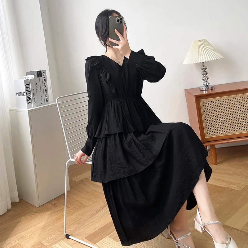 Женское платье с юбкой в стиле ретро черное милое V-образным вырезом и оборками