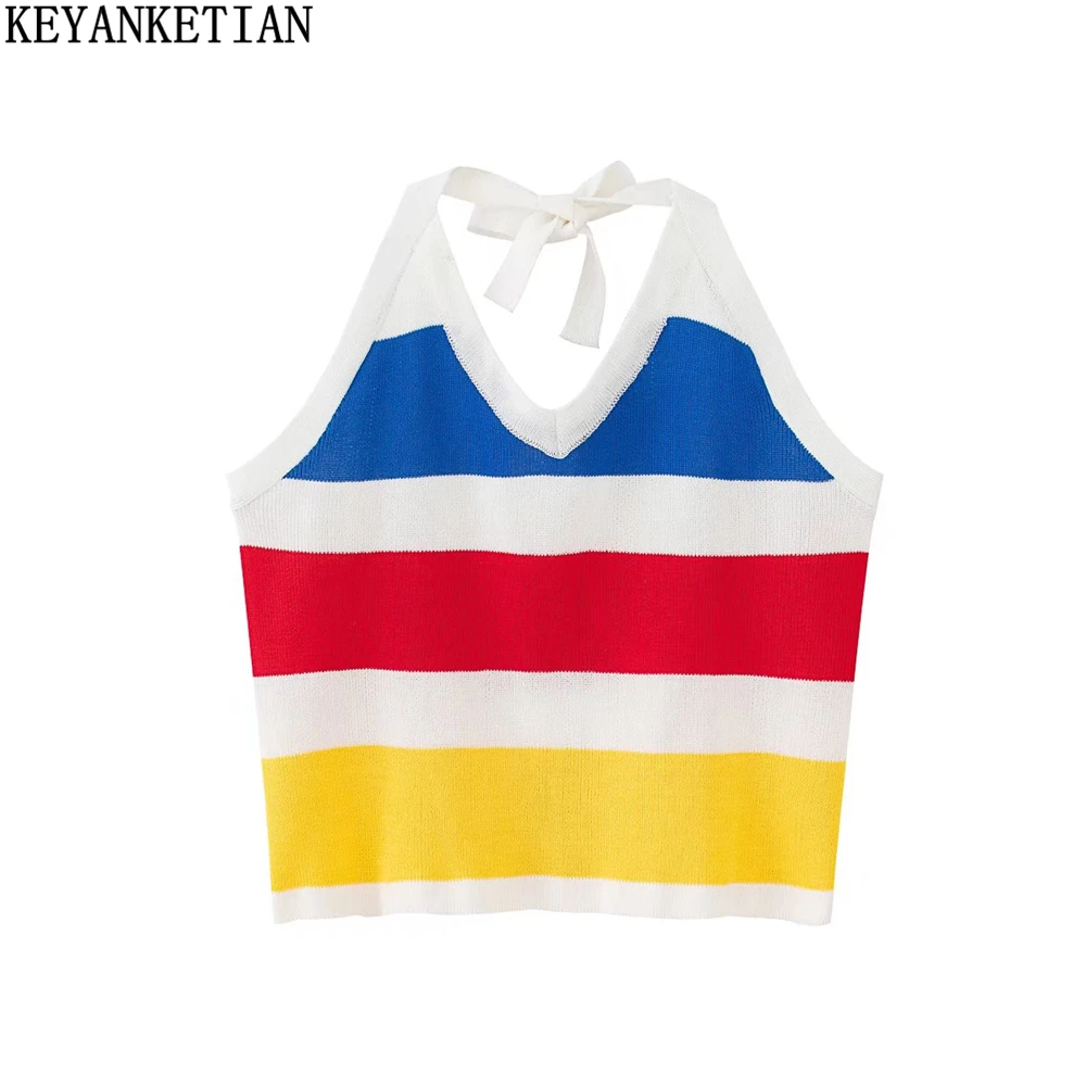 

KEYANKETIAN 2022 summer new colorful striped stitching halter neck tie knitted suspenders women's tight short open back top