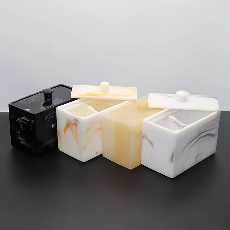 

Resin Cotton Swab Holder with Lid Desktop Dust-Proof Marbled Cotton Swab Storage Box Toothpick Makeup Cotton Pad Organizer