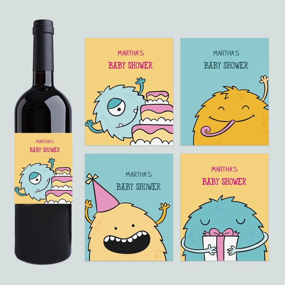 

Personalized Little Monsters Baby Wine Bottle Stickers Birthday Christening Party Collection Custom Text Logo Wine Bottle Labels