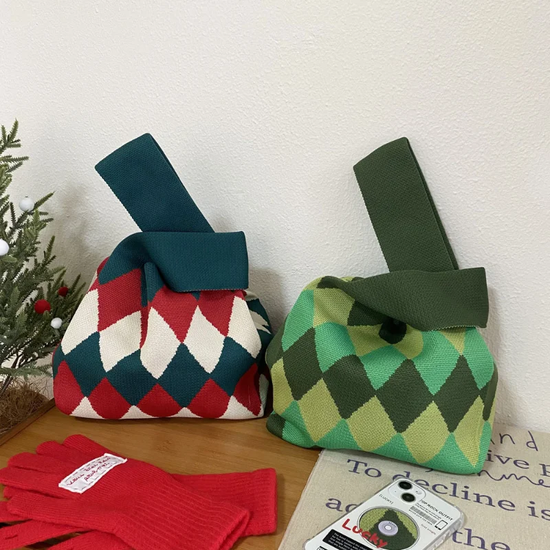 

Christmas Bag Fashion Diamond Lattice Pattern Women's Knitting Handbag Designer Woven Small Shopper Purses Female Wrist Bag