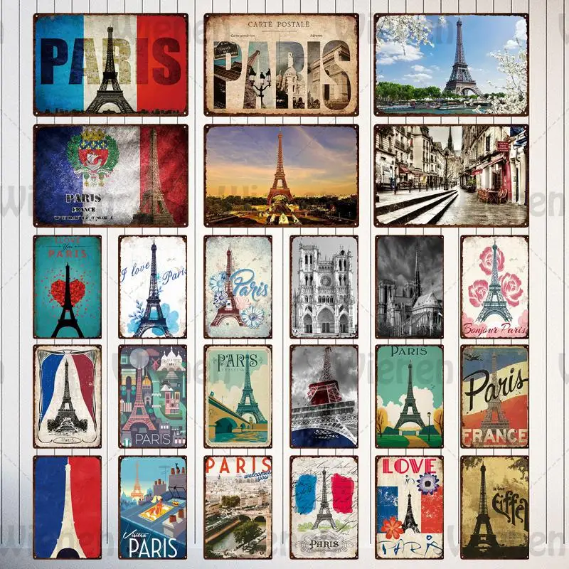 

Metal Tin Sign Plaque Paris Tower Scenery Iron Plate Painting France Attraction Vintage Poster Bar Pub Cafe Wall Decor Home Deco