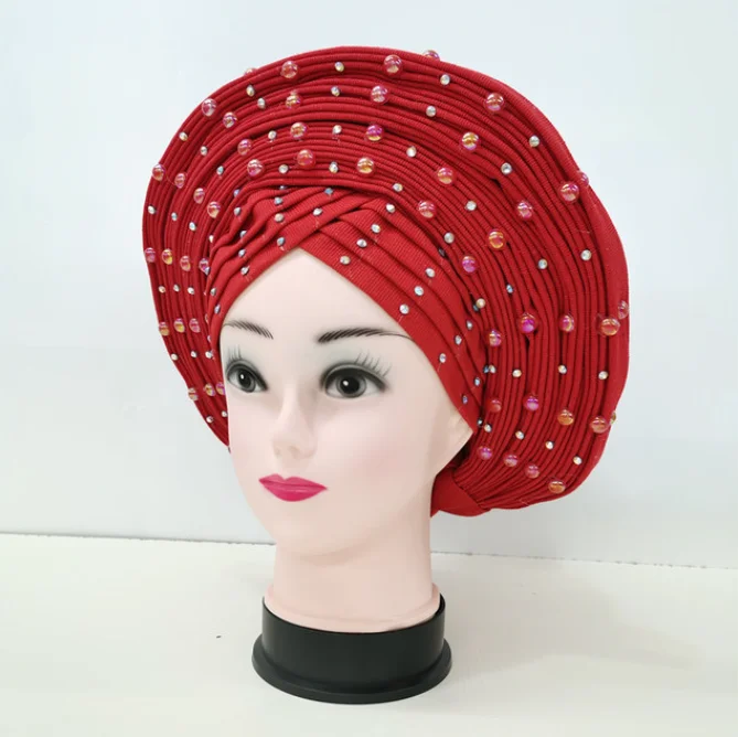 

Африканская модель с бусинами, уже изготовленная, авто Aso Oke Gele Headtie Asoebi, тюрбан, головная повязка, женская шляпа, автоматическая шапка для вечерние