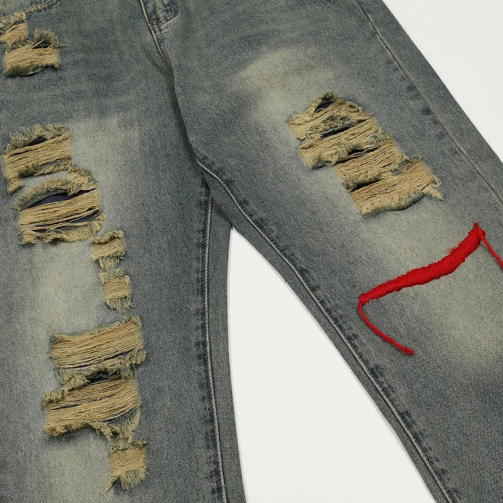 Ripped Hole Distressed Washed Straight Mens Long Jeans Pants Oversized Casual Streetwear Loose Denim Trousers Retro Pantalones