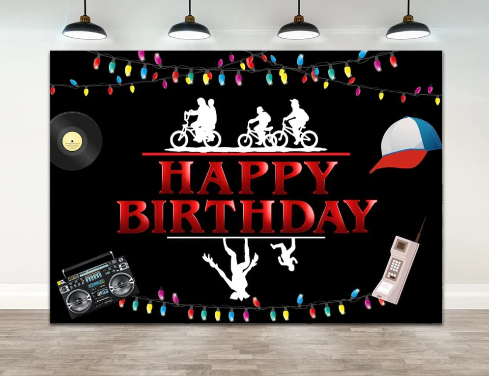 

Stranger Happy Birthday Backdrop Colourful String Lights Alphabet Birthday Party Photography Background Decorations Party