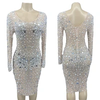 pearls rhinestone dress mirror sequins sheath dress women party prom nightclub dj stage show actor model catwalk singer outfits