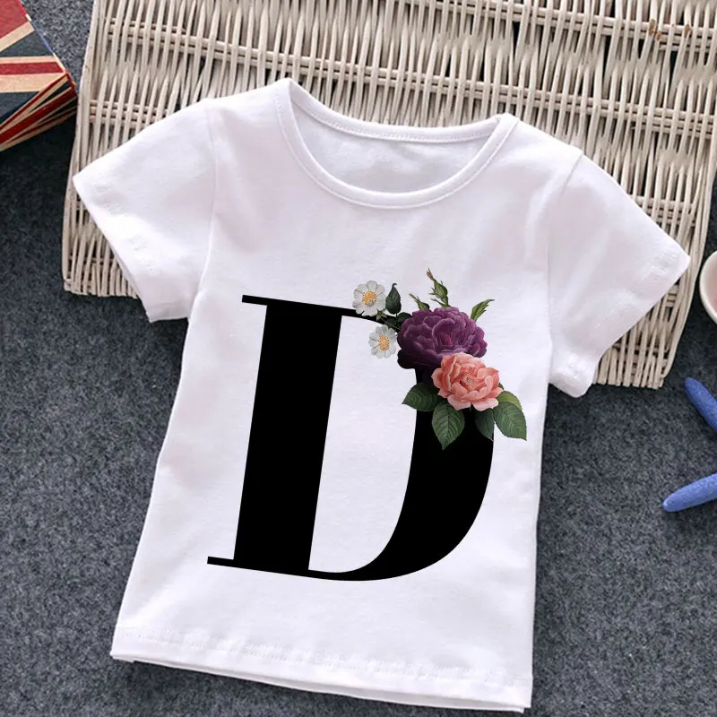 

Lucky Letter Retro Flowers 26 English letters A B C D Kids Girl Boy Children T-shirt Trend T Casual Clothes Short Sleeve Tops
