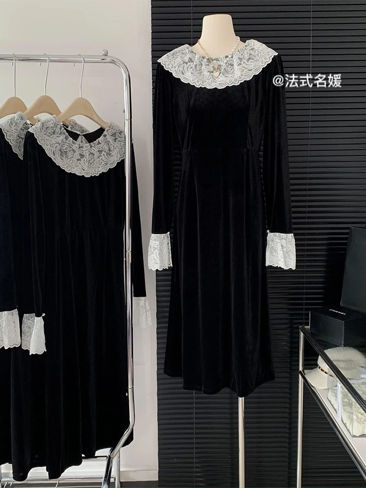 

Женское кружевное платье средней длины, элегантное винтажное платье во французском стиле с открытой спиной и круглым вырезом, Осень-зима 2022