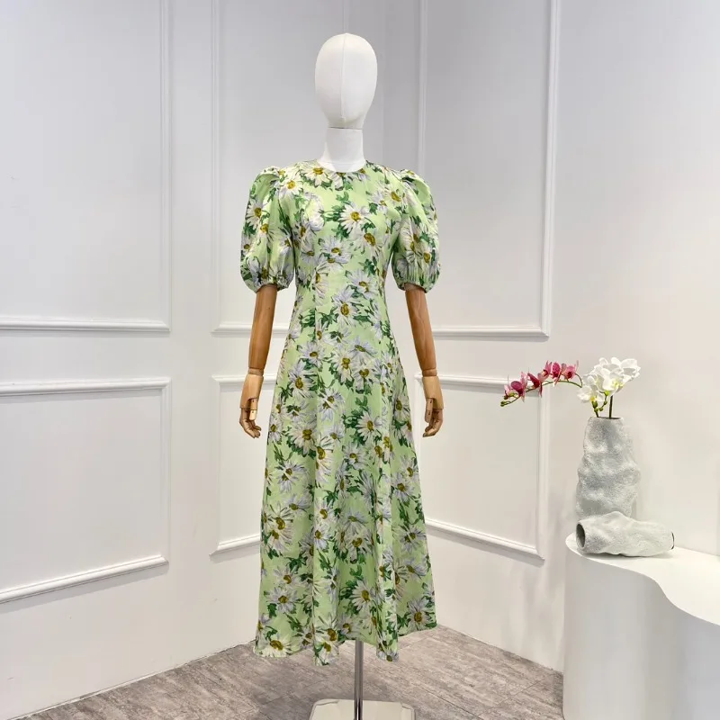 

2023 Green Linen Daisy Flowers Printed Midi Dress Summer Top Quality New Arrival Short Sleeve O-neck Women Clothes