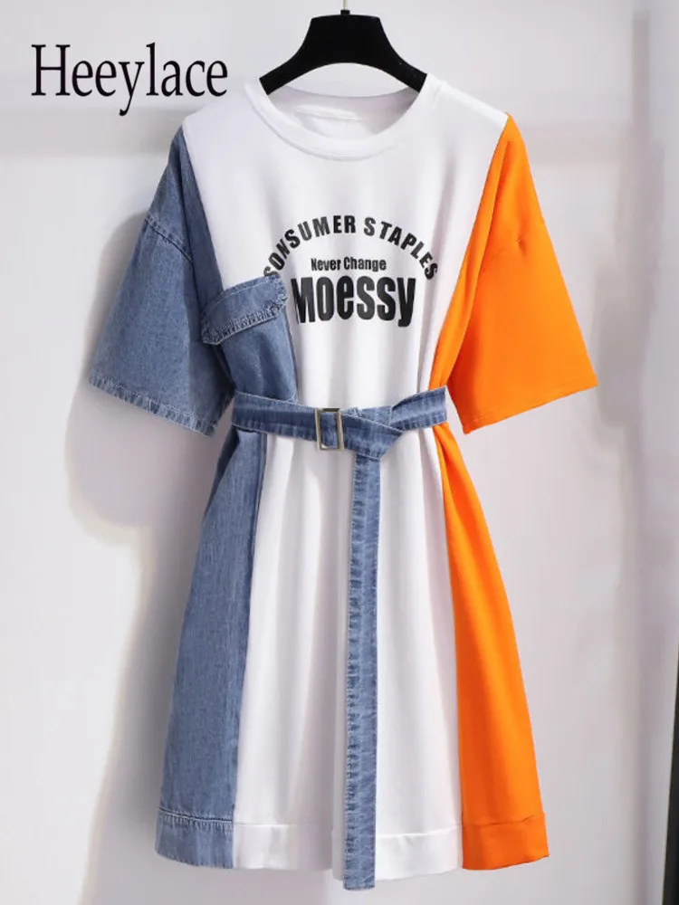 

Женское летнее платье-рубашка в стиле пэчворк с имитацией двух частей, Корейская уличная одежда в стиле ольччан, платья с коротким рукавом и...