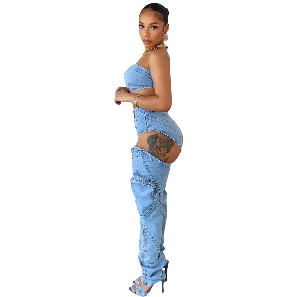 Комплекты джинсовых брюк для женщин 2024 сексуальная уличная одежда комплект из