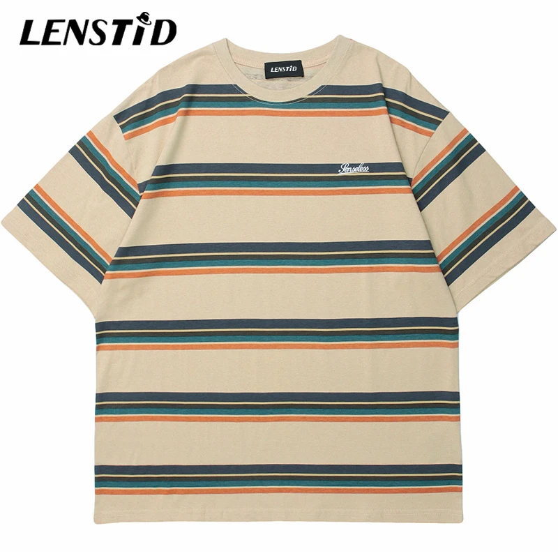 

LENSTID Summer Men Short Sleeve Tshirts Hip Hop Striped Printed T-Shirt 2022 Harajuku Streetwear Fashion Casual Cotton Tops Tees