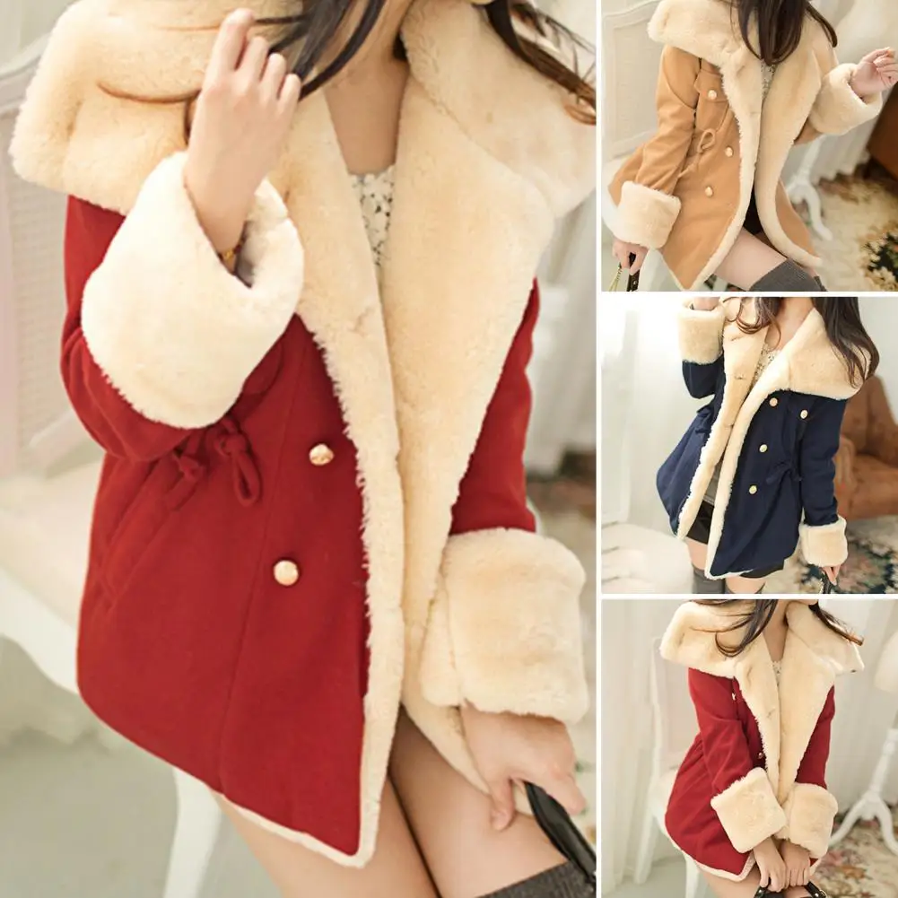 Women Winter Coat Contrast Color Lapel Long Sleeves Thick Double Breasted Keep Warm Preppy Style Cardigan Casual Lady Coat for D