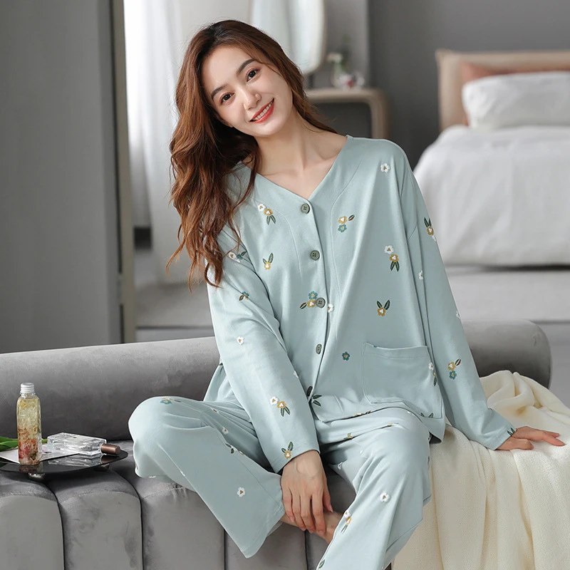 High Quality Pajamas for Women Soft Cotton Sleepwear Long Sleeved New Pijamas Autumn Winter 3XL Blue Korean Women's Pajamas