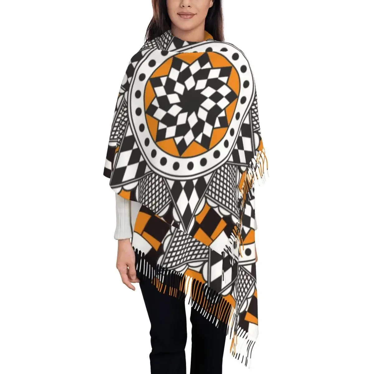 Шарф с геометрическим рисунком Kabyle Длинная зимняя теплая шаль кисточками