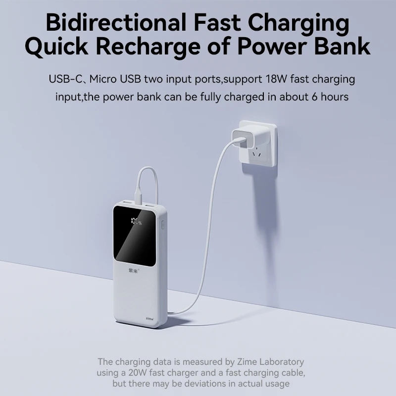 Zime 20000mAh Type-C 22.5W Fast Charging Power Bank Portable Powerbank External Battery Charger for iPhone 14 13 Pro Max Xiaomi