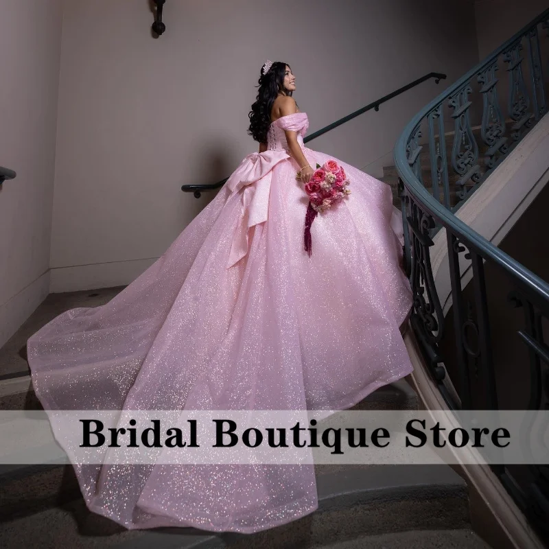 

Shiny Pink Princess Quinceanera Dress With Bow Off Shoulder Applique Pearls Crystals Beads Cinderella Sweet 16 Dress Vestidos